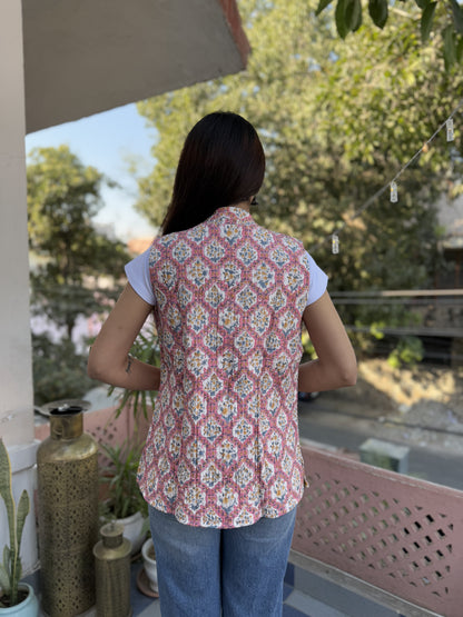 Cotton Printed Sleeveless Quilted Jacket Pink