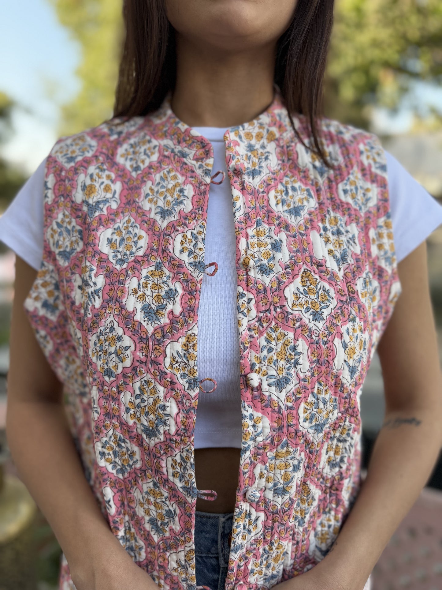 Cotton Printed Sleeveless Quilted Jacket Pink