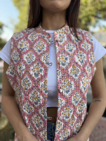 Cotton Printed Sleeveless Quilted Jacket Pink