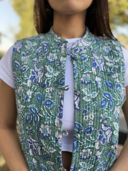 Cotton Printed Sleeveless Quilted Jacket Green