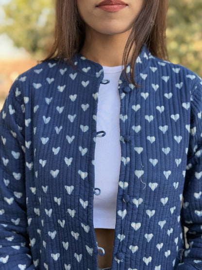 Cotton Printed Full Sleeve Quilted Jacket Indigo