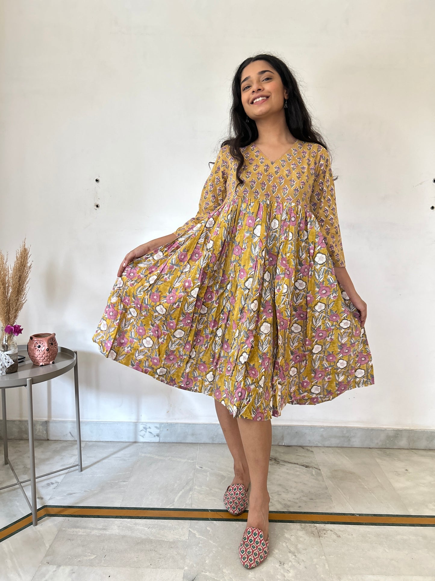 Kantha dress mustard - Goodhand