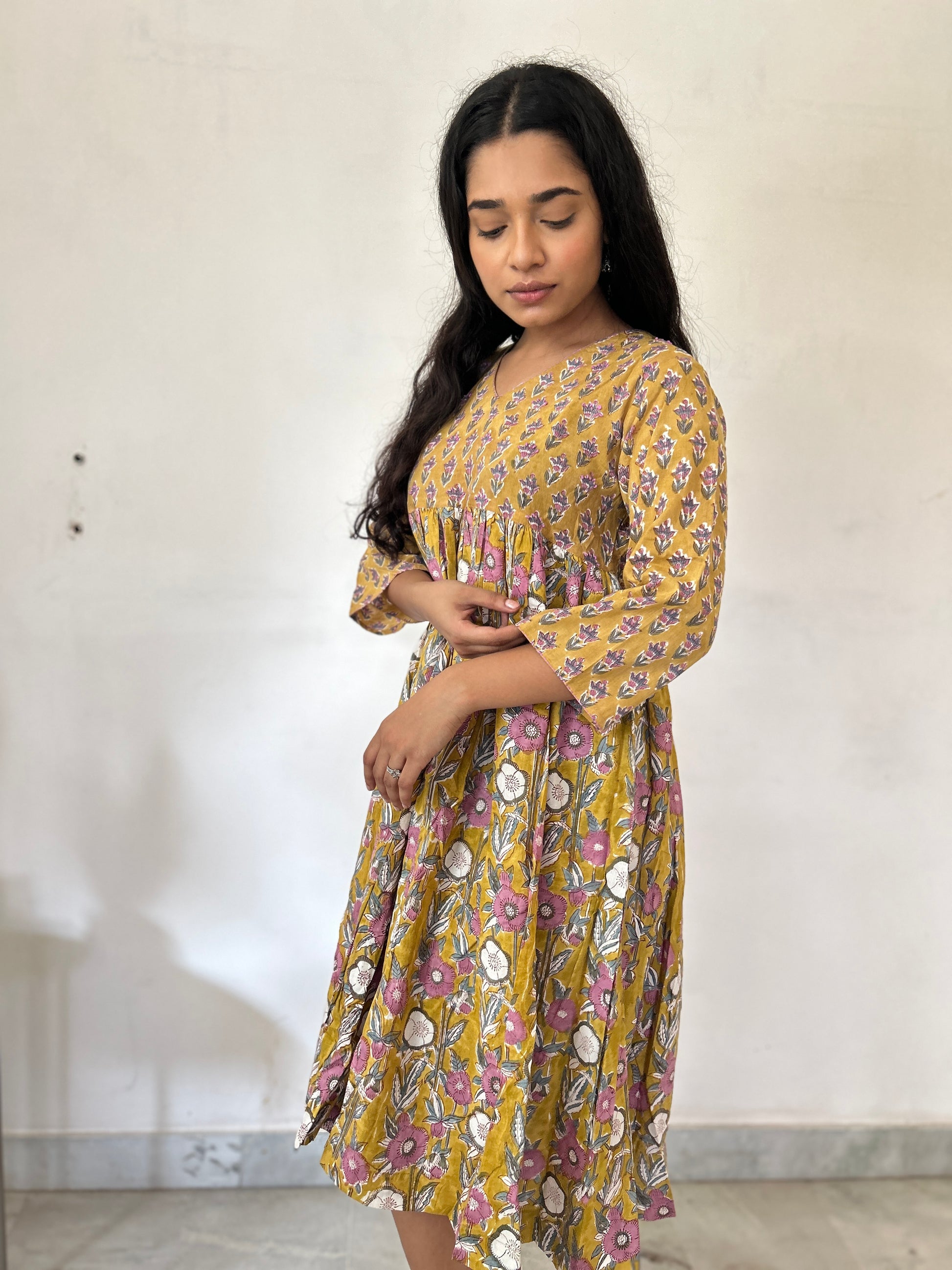 Kantha dress mustard - Goodhand