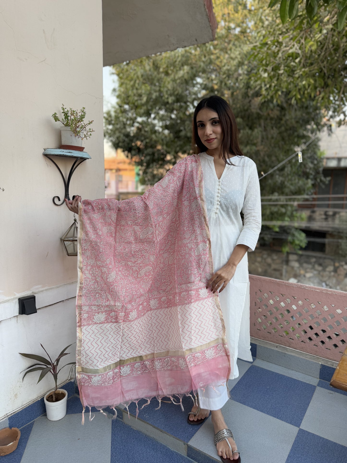 Chanderi Silk Dupatta Flamingo Pink