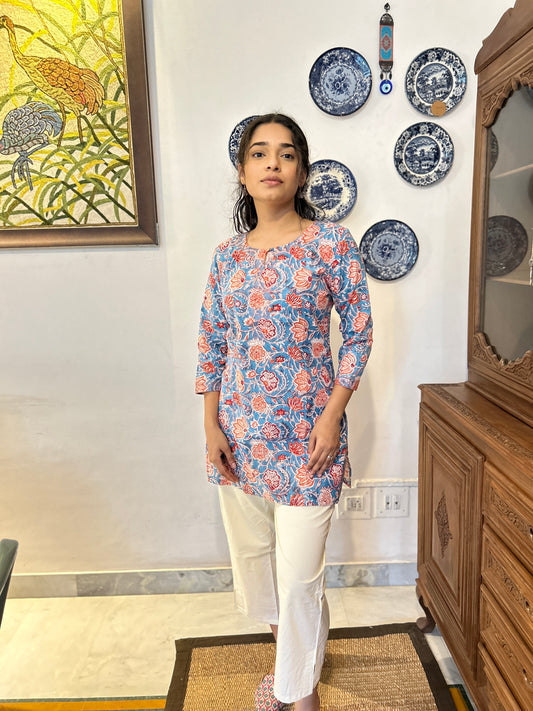 3/4th Sleeve Short Gauhar Kurti Blue