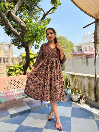 3/4 sleeves Knee-Length Kantha Dress Brown