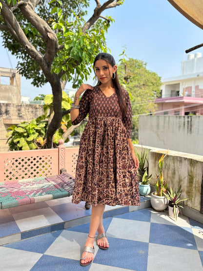 3/4 sleeves Knee-Length Kantha Dress Brown