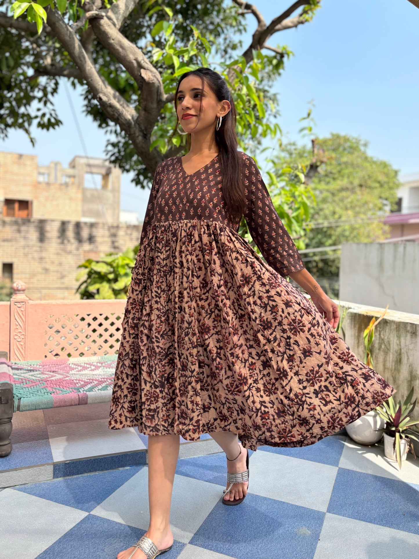 3/4 sleeves Knee-Length Kantha Dress Brown