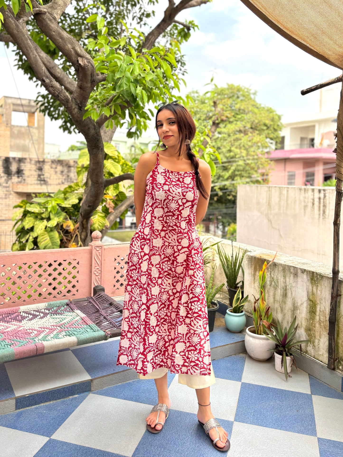 Cotton Sleeveless Strappy Kurta Cherry Red