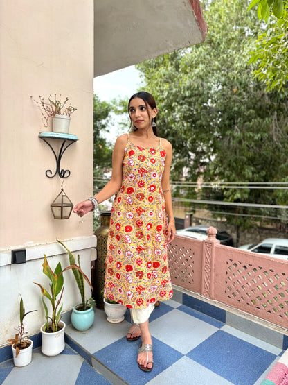 Cotton Sleeveless Strappy Kurta Yellow