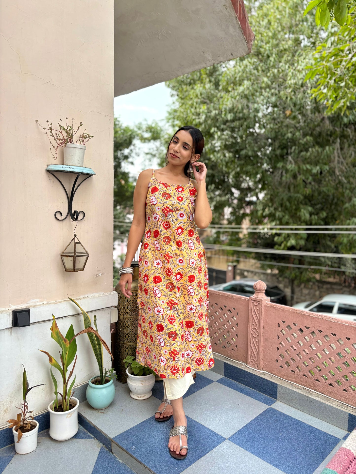 Cotton Sleeveless Strappy Kurta Yellow