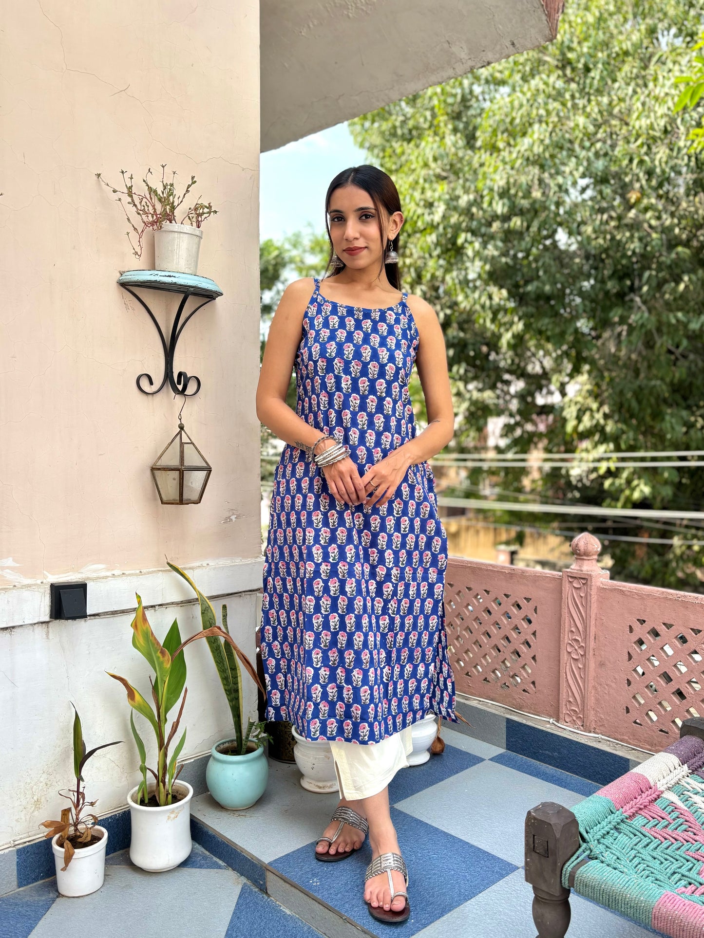 Cotton Sleeveless Strappy Kurta Blue