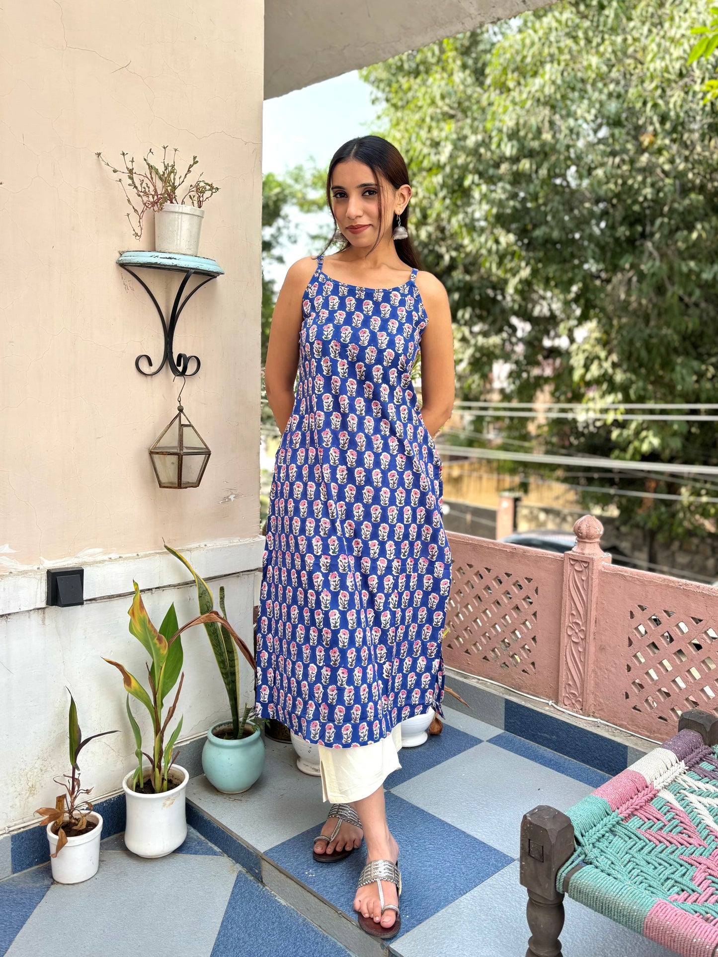 Cotton Sleeveless Strappy Kurta Blue