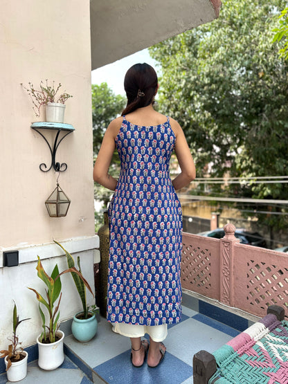 Cotton Sleeveless Strappy Kurta Blue