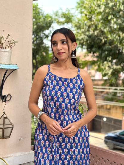 Cotton Sleeveless Strappy Kurta Blue