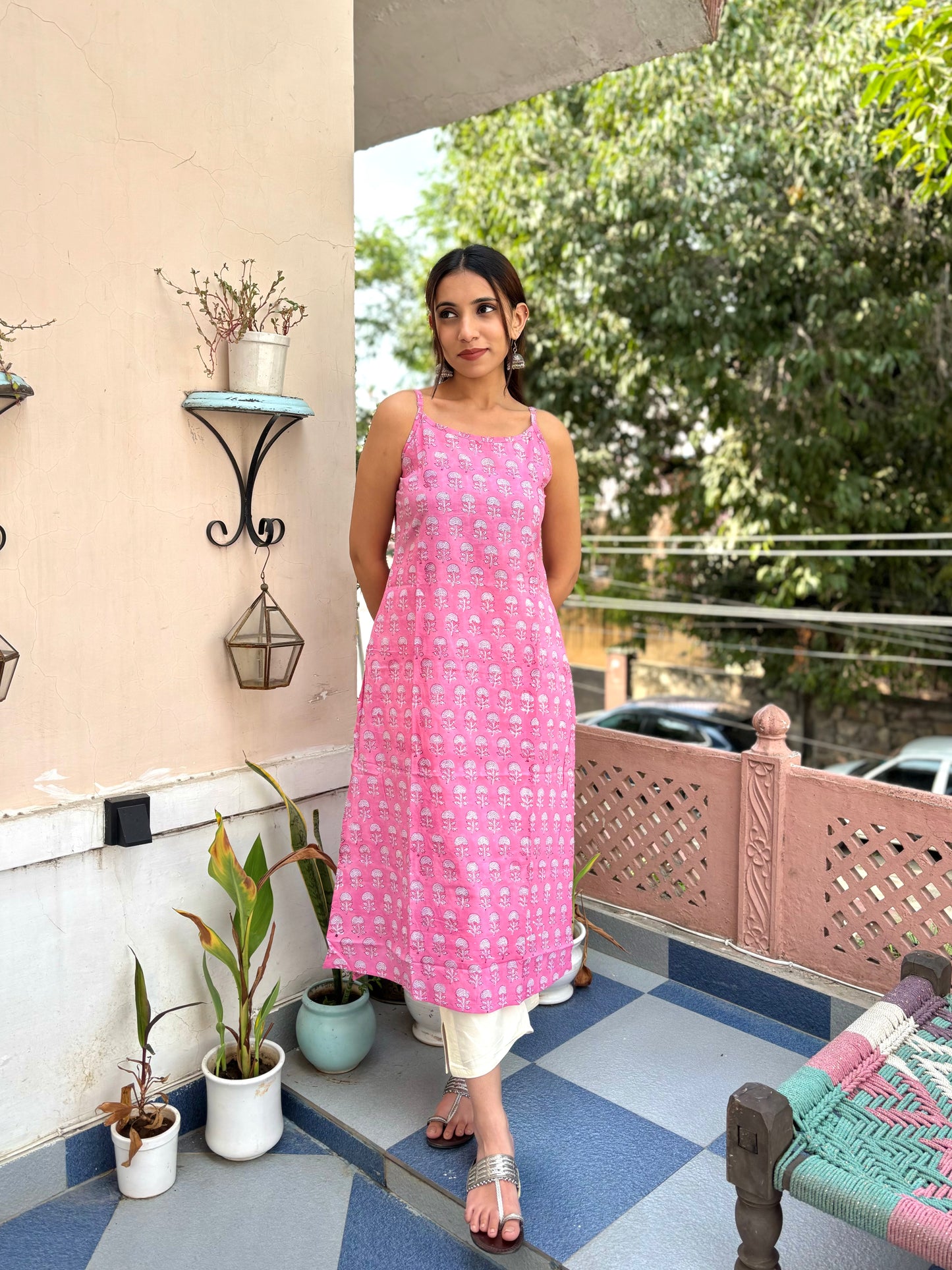 Cotton Sleeveless Strappy Kurta Pink