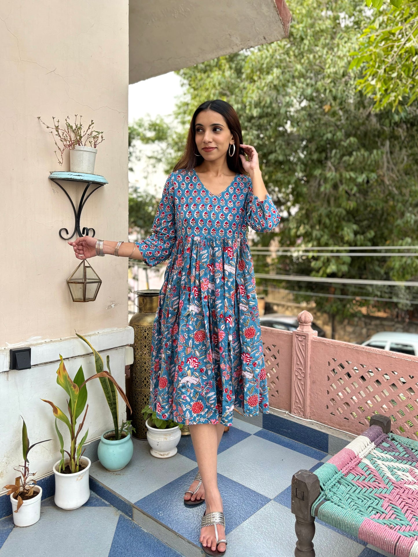 3/4 sleeves Knee-Length Kantha Dress Blue