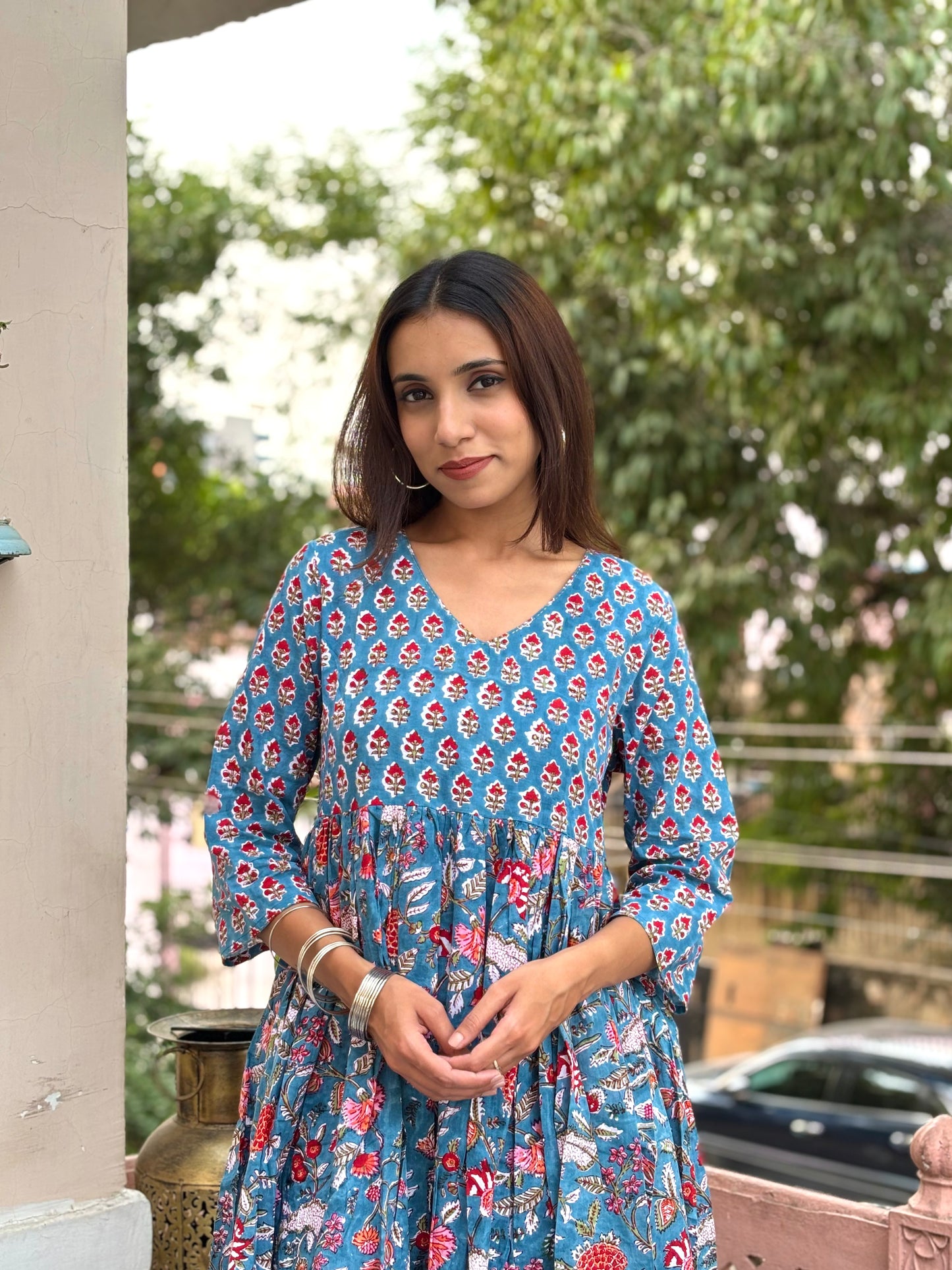 3/4 sleeves Knee-Length Kantha Dress Blue