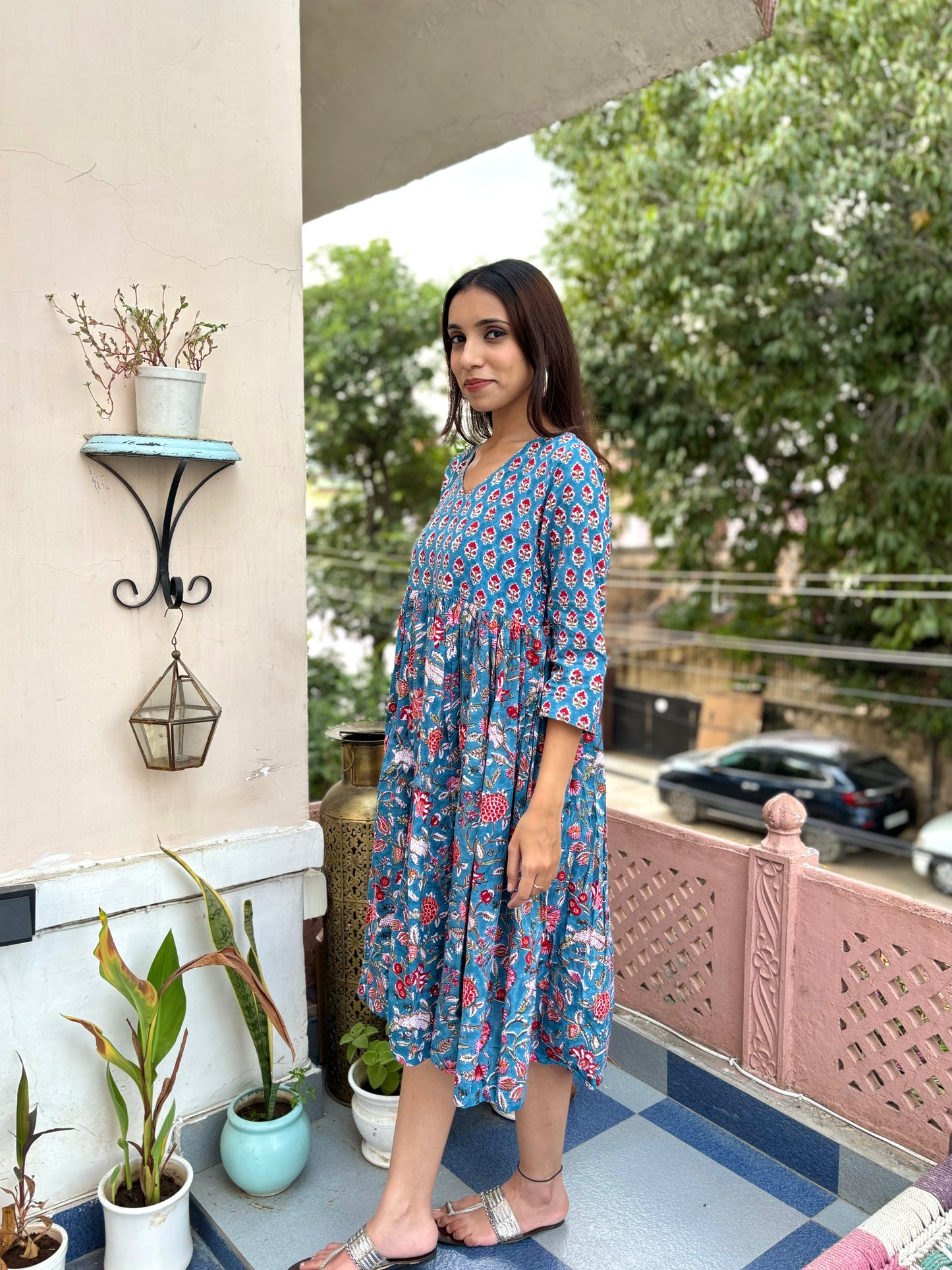 3/4 sleeves Knee-Length Kantha Dress Blue