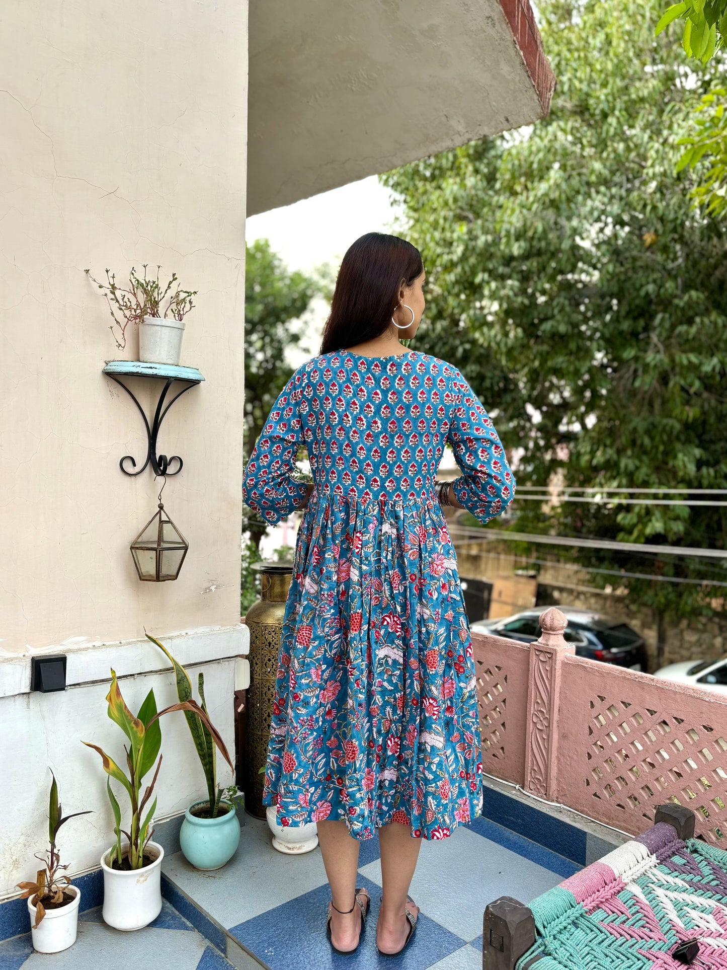 3/4 sleeves Knee-Length Kantha Dress Blue