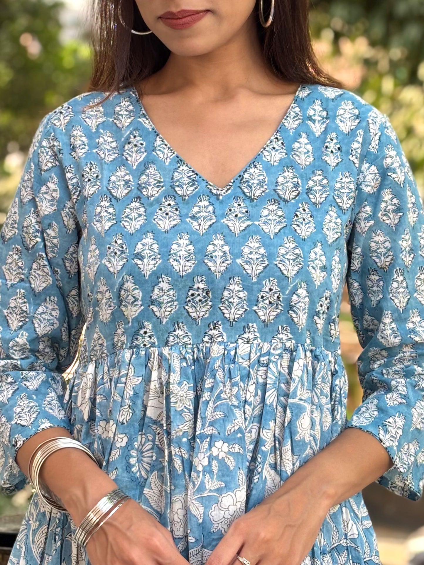 3/4 sleeves Knee-Length Kantha Dress Sky Blue