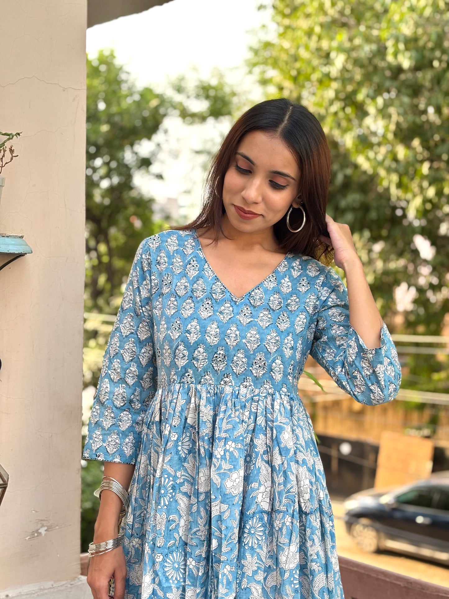 3/4 sleeves Knee-Length Kantha Dress Sky Blue