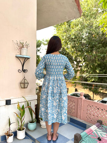 3/4 sleeves Knee-Length Kantha Dress Sky Blue