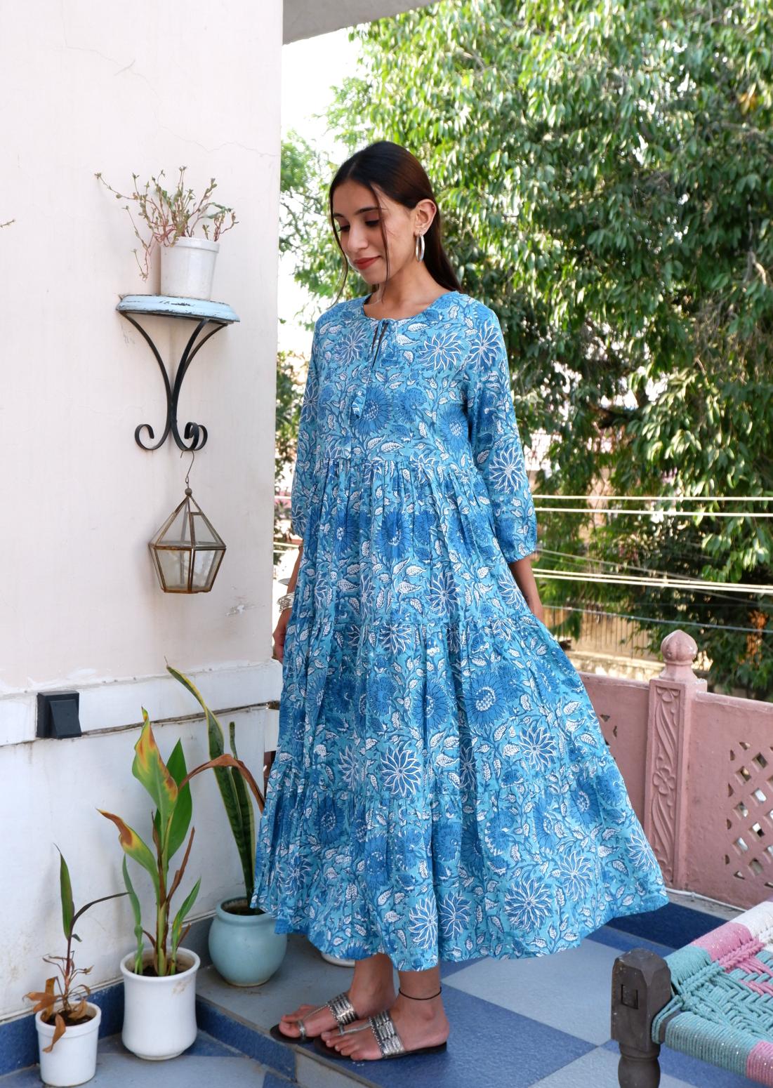 Tiered Cotton Jasmine Dress Blue