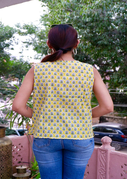 Sleeveless Cotton Pintucks Top Yellow