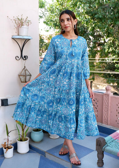 Tiered Cotton Jasmine Dress Blue