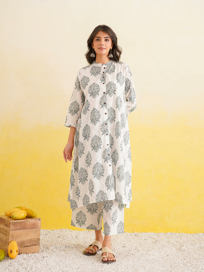 Printed A-Line Cotton Kurta Pant Set White