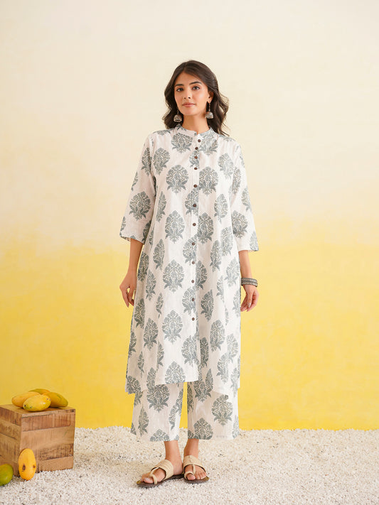 Printed A-Line Cotton Kurta Pant Set White