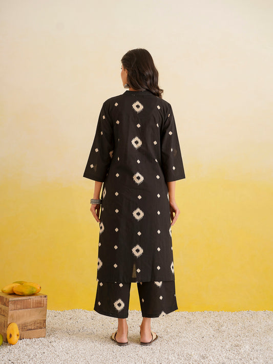 Printed A-Line Cotton Kurta Pant Set Black