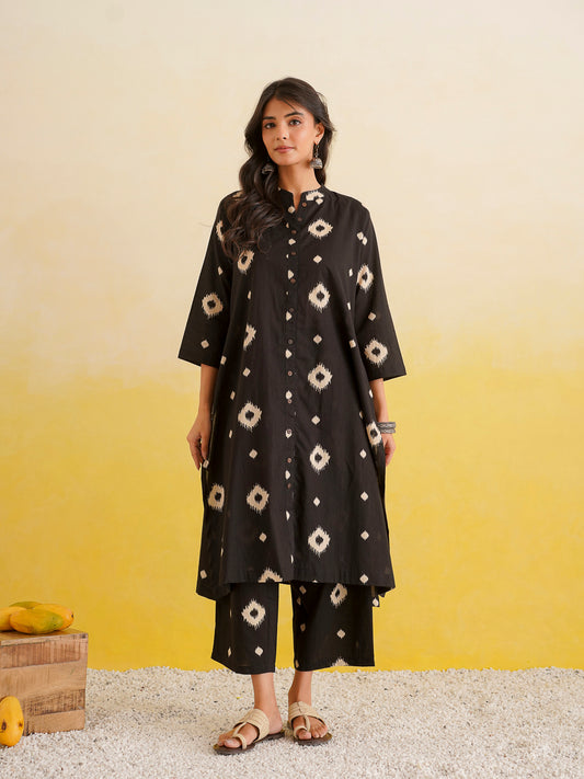 Printed A-Line Cotton Kurta Pant Set Black