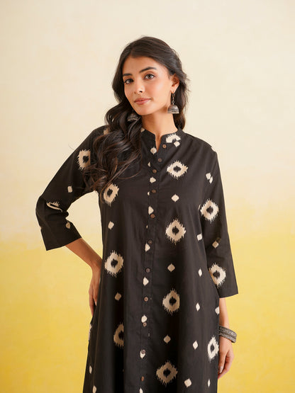 Printed A-Line Cotton Kurta Pant Set Black