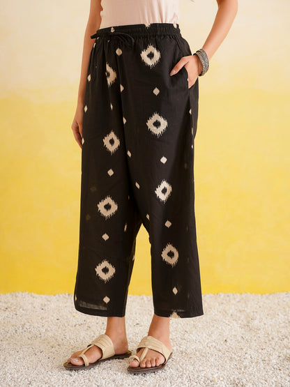 Printed A-Line Cotton Kurta Pant Set Black