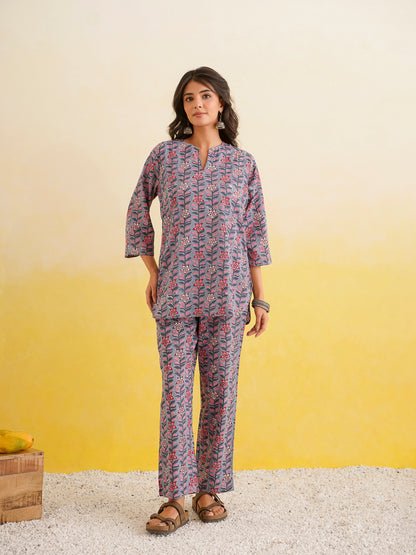 Cotton Printed Lounge Wear Coord Set Steel Blue