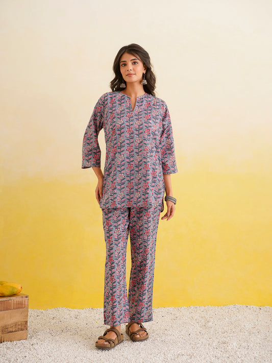 Cotton Printed Lounge Wear Coord Set Steel Blue