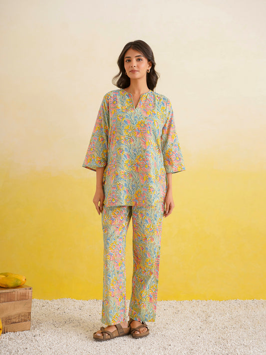 Cotton Printed Lounge Wear Coord Set Light Green