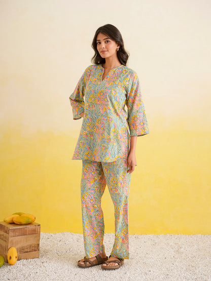 Cotton Printed Lounge Wear Coord Set Light Green