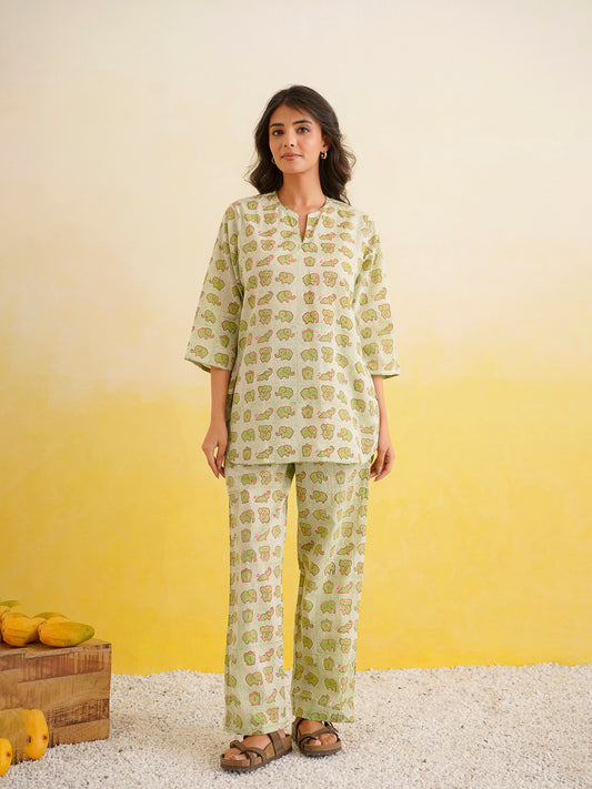 Cotton Printed Lounge Wear Coord Set Green