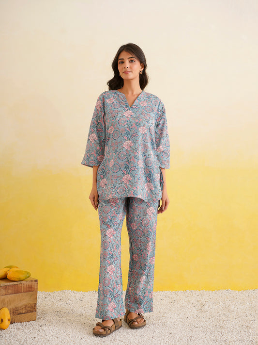 Cotton Printed Lounge Wear Coord Set Baby Blue