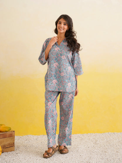 Cotton Printed Lounge Wear Coord Set Baby Blue