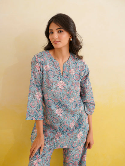 Cotton Printed Lounge Wear Coord Set Baby Blue