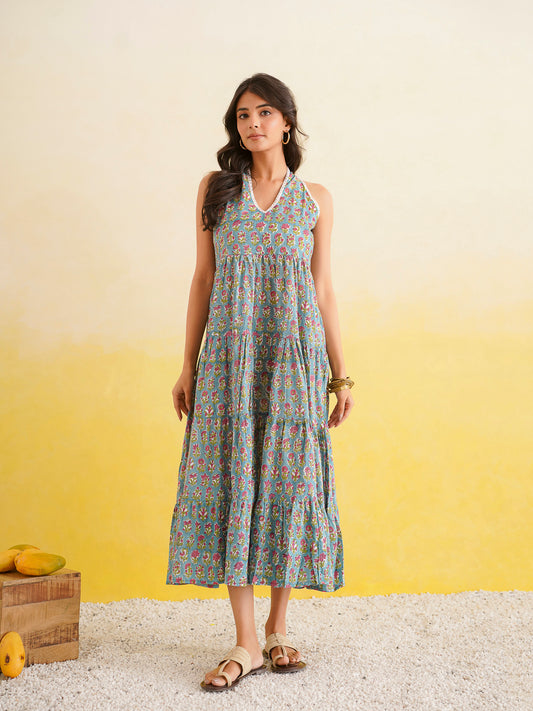 Tiered Halter Neck Dress Turquoise