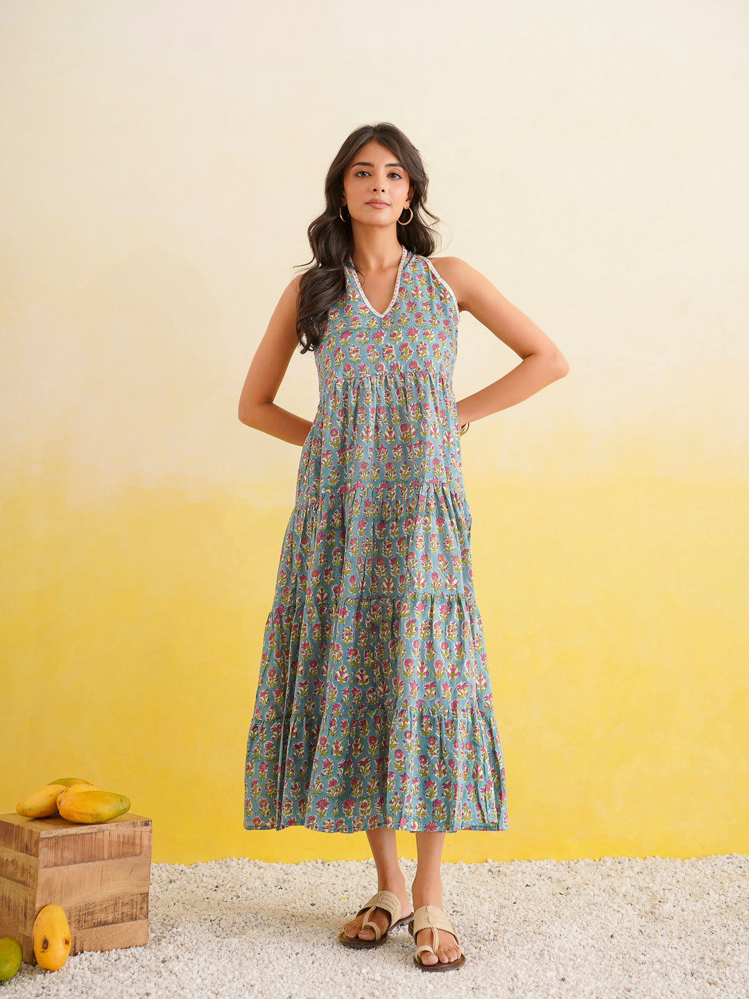 Tiered Halter Neck Dress Turquoise