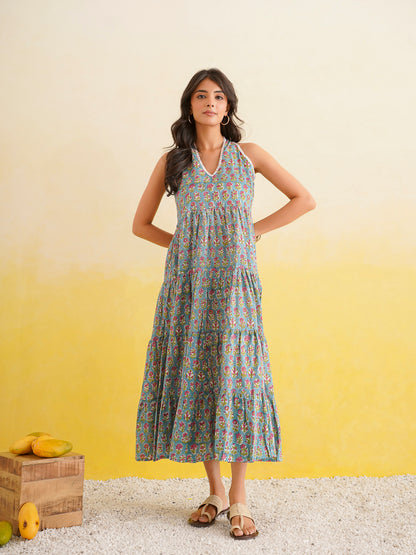 Tiered Halter Neck Dress Turquoise