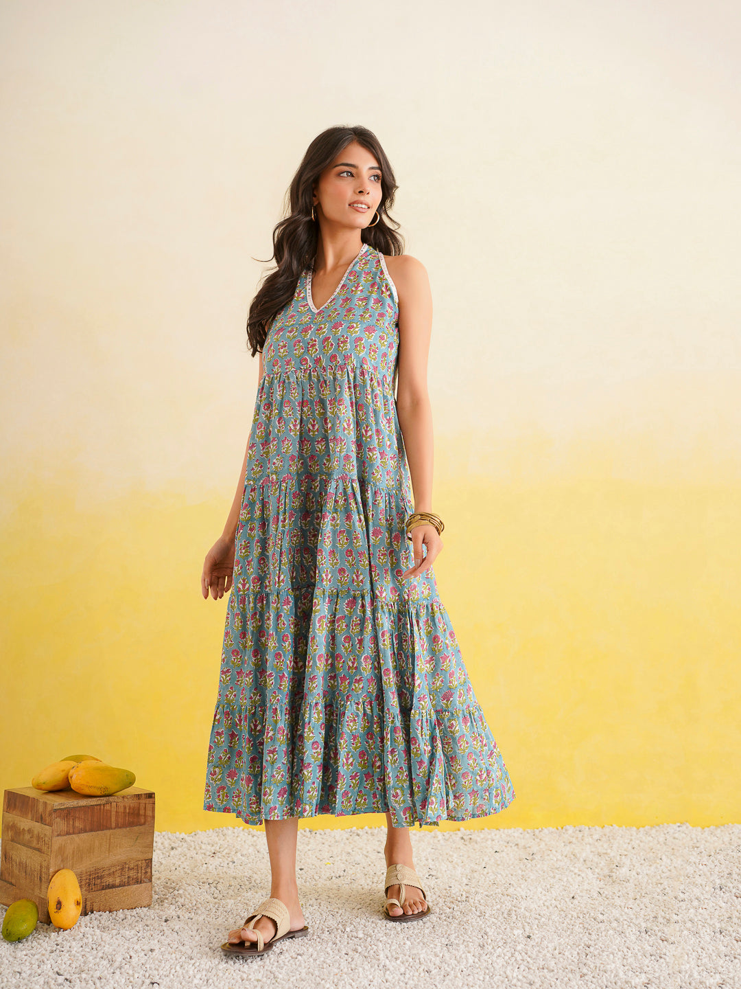 Tiered Halter Neck Dress Turquoise