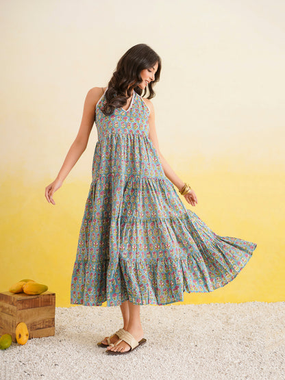 Tiered Halter Neck Dress Turquoise