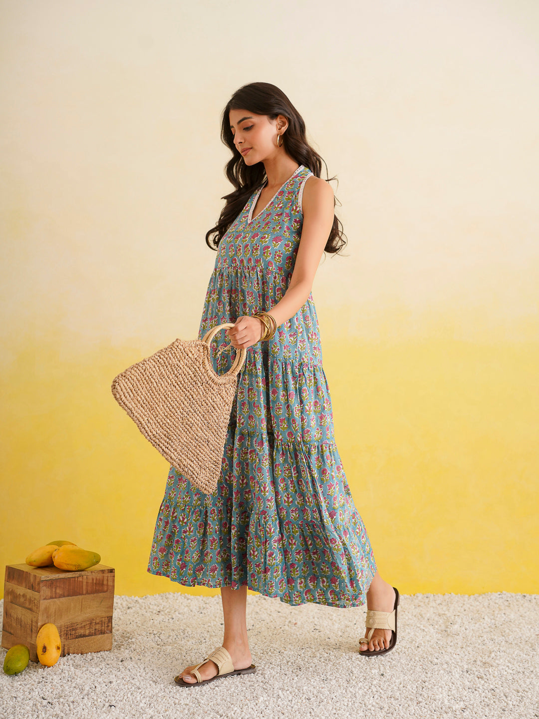 Tiered Halter Neck Dress Turquoise
